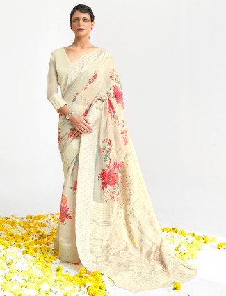 Beige linen saree for wedding with a lucknowi weaving