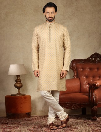 Beige printed style cotton mens kurta suit