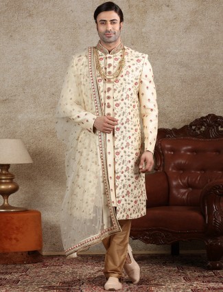 Beige raw silk fabric sherwani special for wedding