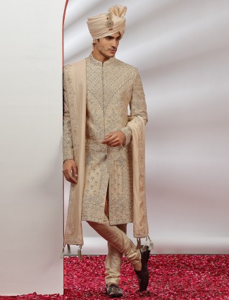 Beige raw silk groom wear sherwani for men