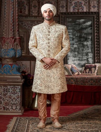 Beige sherwani set in raw silk for groom
