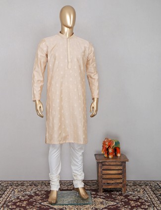 Beige silk festive wear kurta set for men