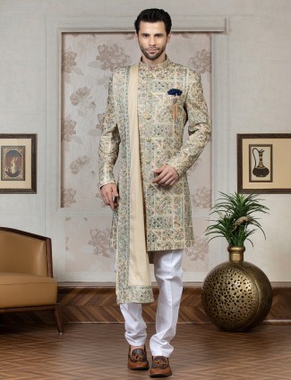 Beige silk indo western wedding wear