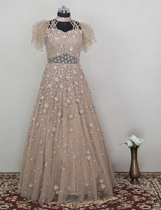 Beige wedding wear floor length designer gown
