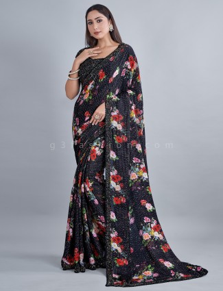 Black amazing sequins details wedding sari in georgette