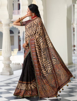 Black and beige printed attirable designer festive wear cotton saree