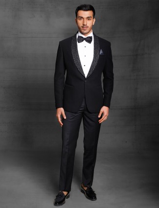 Black colored terry rayon tuxedo style coat suit for men