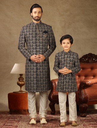 Black georgette wedding wear fathre and son matching sherwani
