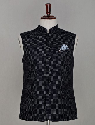 Black printed cotton waistcoat for men