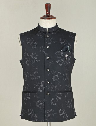 Black printed terry rayon party wear waistcoat for mens