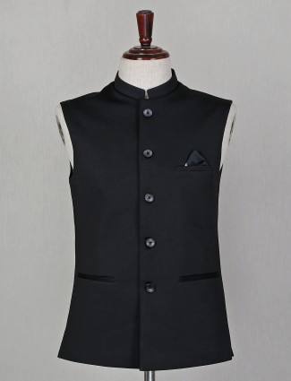 Black solid style terry rayon mens party wear waistcoat