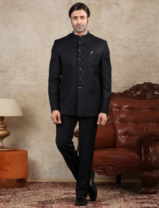 Black solid terry rayon jodhpuri suit
