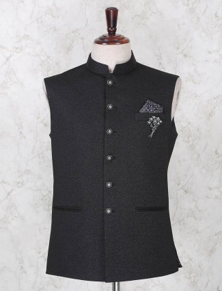 Black solid terry rayon waistcoat for party
