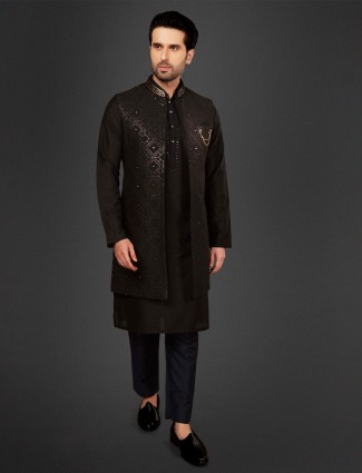 Black stunning festive wear cotton silk waistcoat set
