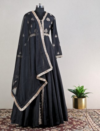 Black wedidng wear raw silk lehenga suit