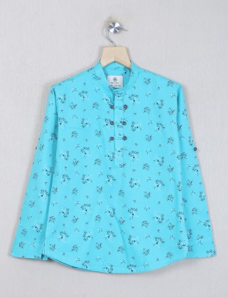 Blazo printed cotton kurta style leal blue shirt for boys
