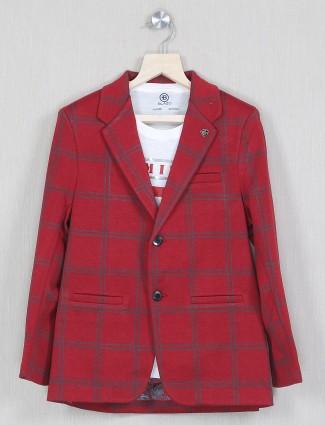 Blazo red hued checks style sued blazer