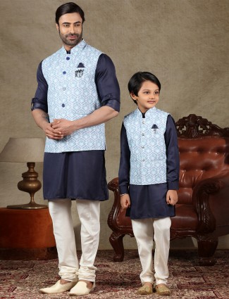 Blue and navy cotton waistcoat set for father and son