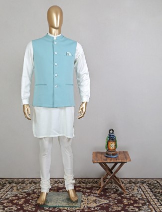 Blue and white designer waistcoat set for mens