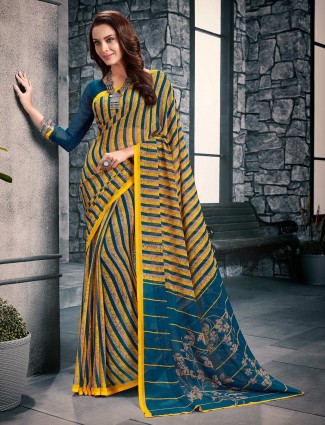 Blue and yellow festive printed saree