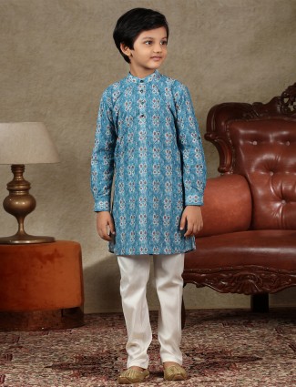 Blue cotton fabric boys kurta suit for festive