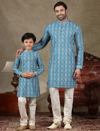 Blue cotton fabric kurta suit for father and son