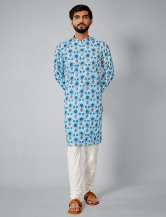 Blue cotton silk festive wear kurta set for mens