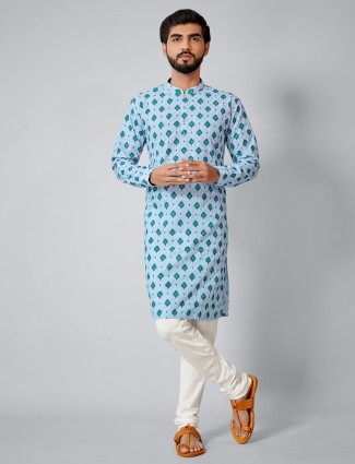 Blue cotton silk kurta set for festive sessions