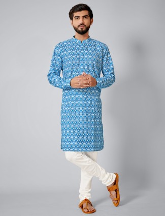 Blue cotton silk printed kurta suit for mens