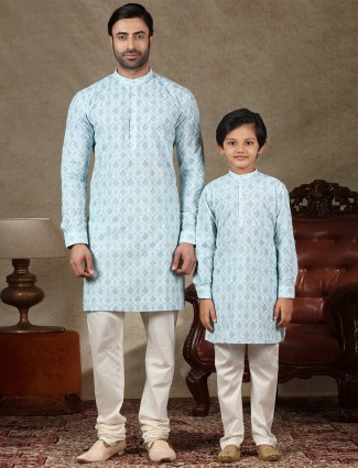 Blue full sleeves cotton father and son kurta suit