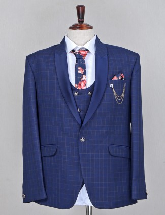 Blue hue checks style terry rayon impressive coat suit