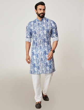 Blue hue printed style kurta suit for mens
