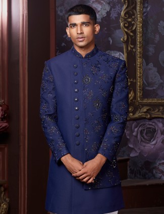 Blue hued designer indowestern for wedding