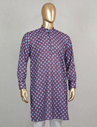 Blue printed cotton short pathani for festive