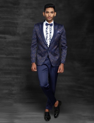 Blue printed party function coat suit