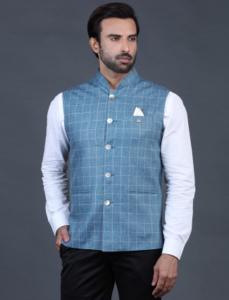 Blue waistcoat in terry rayon with checks