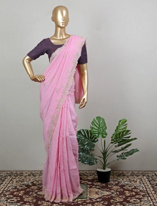 Blush pink fabulous tissue silk saree for wedding look