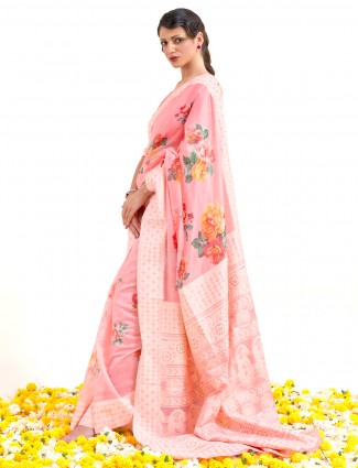 Blush pink linen lucknowi work saree for wedding occasions