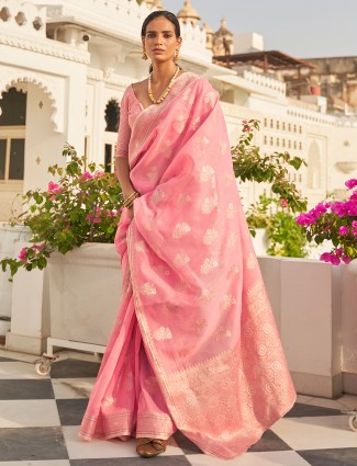 Blush pink linen zari weaving saree for festive ceremonies