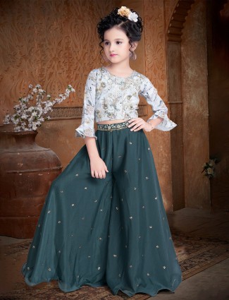 Bottel green palazzo suit for little girls in silk