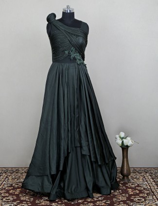 Bottle green attractive designer satin gown for party season