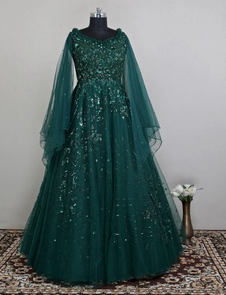 Bottle green colored net gown