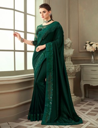 Bottle green excellent festive and party saree in raw silk