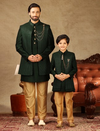 Bottle green raw silk indo western for father and son