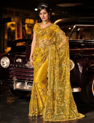 Brighrt yellow designer wedding and party events lycra sari