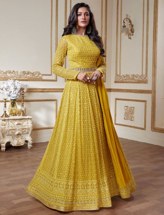Bright yellow designer wedding wear anarkali suit for women
