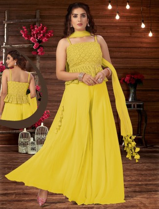 Bright yellow hue wedding events palazzo suit in georgette