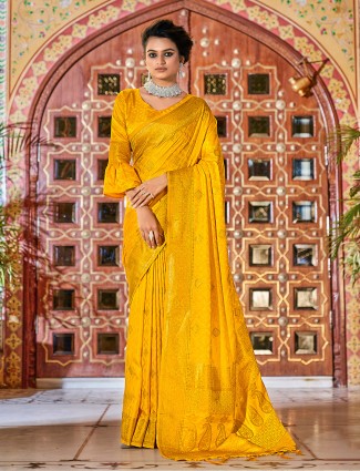 Bright yellow latest designer wedding events banarasi silk saree