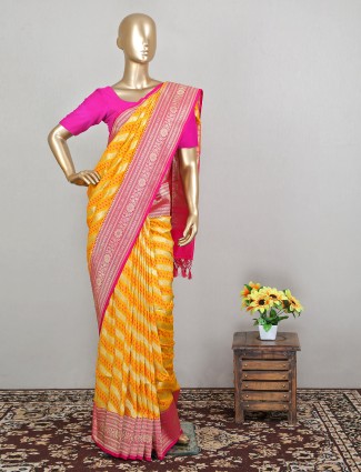 bright yellow wedding occasions banarasi silk saree for women