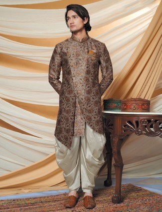 Brown printed cotton silk indo western for wedding